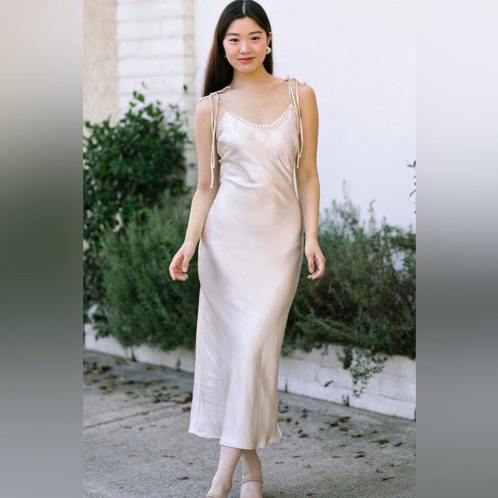 NWT Giana Trimmed Satin Dress in Cream (pale pink) - Size M